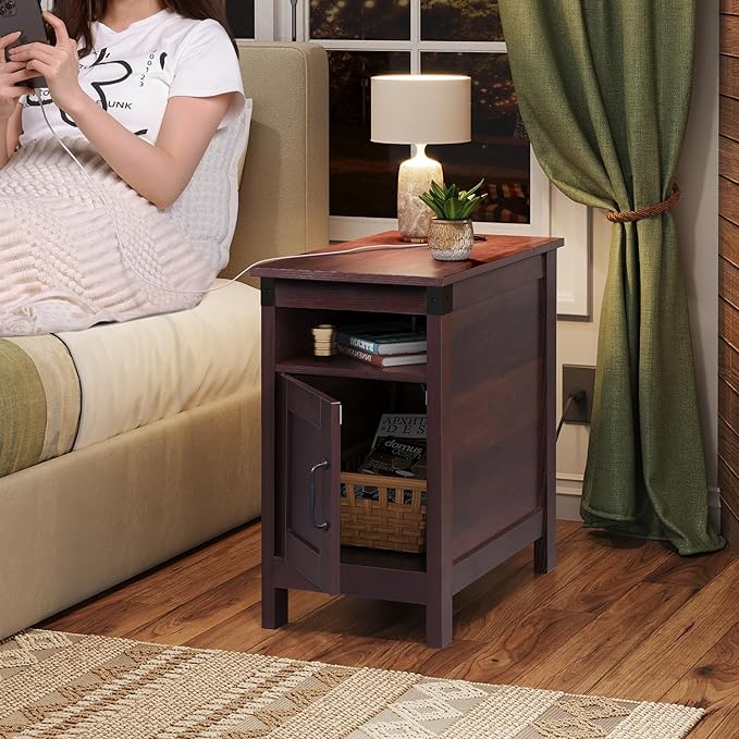 WLIVE End Table with Charging Station, Narrow Side Table for Living Room, Farmhouse Night Stand with Storage, Small Wooden Nightstand with USB Ports and Outlets for Living Room and Bedroom, Brown