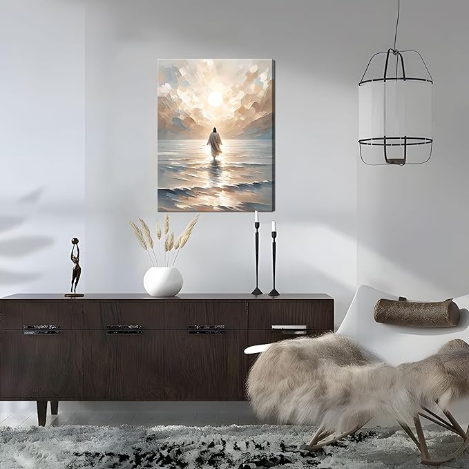 Jesus Walking on Water Canvas Wall Art, Christian Bible Stories Wall Decor Paintings, Jesus Walks on Water on Water Back Posters Prints Pictures for Church Living Room Bedroom 12x16 Inch Framed