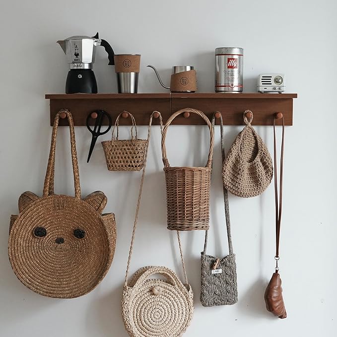 Entrance Coat Rack ，Coat Hooks, Wall-Mounted Wooden Hook Rack, Wall-Mounted Shelves are Very Suitable (Teak Colored Finish)