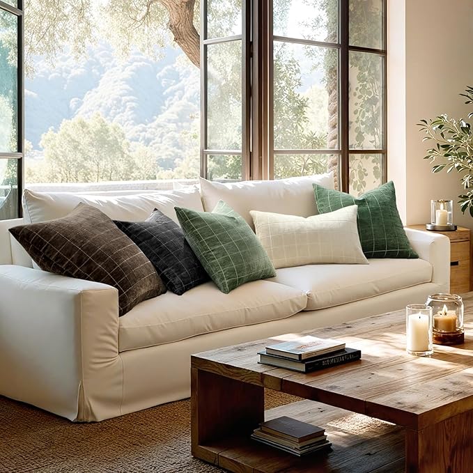 MIULEE Decorative Chenille Check Throw Pillow Covers Vintage Plaid Couch Pillows 18x18 Inch Set of 2 Neutral Boho Farmhouse Cushion Covers Modern Spring Home Decor for Sofa Bed Living Room Sage Green