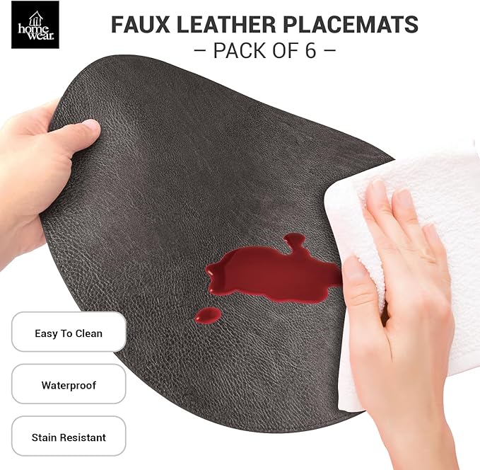 Morgan Faux Leather Round Set of 12 Placemats, 15", Black, Heat Resistant, Stain Resistant, Non-Slip, Reversible, Durable Table Mats for Kitchen, Dining Table, Indoor Washable Use