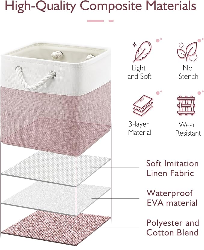 11 Inch Storage Cubes 6-Pack, Foldable Fabric Organizer Bins with Rope Handles, Cube Storage Baskets for Closet Shelves and Home Organization(White/Pink)