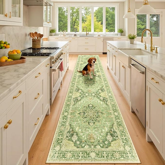 RELEANY Area Rugs 2'x10' Washable Non-Slip, Floral Vintage Distress Print Pattern Medallion Carpet for Living Room Bedroom Dining Room, Sage Green Yellow