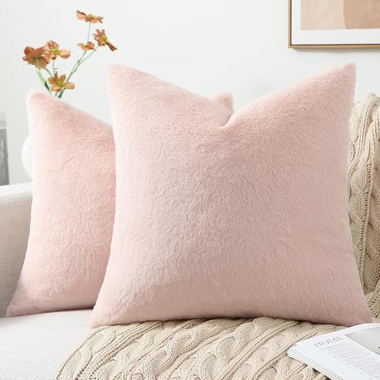 Pallene Faux Fur Plush Spring Throw Pillow Covers 22x22 Set of 2, Luxury Soft Fluffy Cozy Decorative Pillow Covers for Sofa, Couch, Living Room, Blush Pink