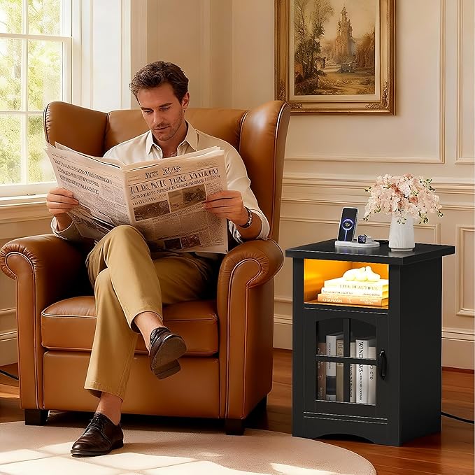 JUMMICO End Table with Charging Station and LED Open Shelf & Glass Door Cabinet, Farmhouse Nightstand with 20W Fast Charge, Side Table for Living Room (1,Black)