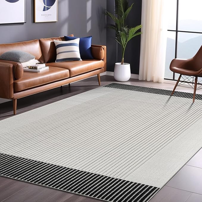 Luul Home Modern Micro Loop Indoor Area Rugs for Living Room Bedroom Kitchen Geometric Striped Black-White 5x7 Luxury Durable Low and High Pile Non-Shedding Stain Resistant Soft Area Carpet 5 x 7