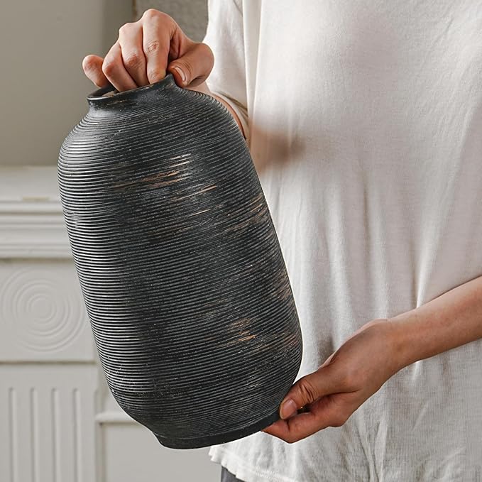 Black Ceramic Vase, Large Textured Rustic Farmhouse Decorative Vase for Centerpieces, 10.8" Black Bronze Flower Vase for Home Decor