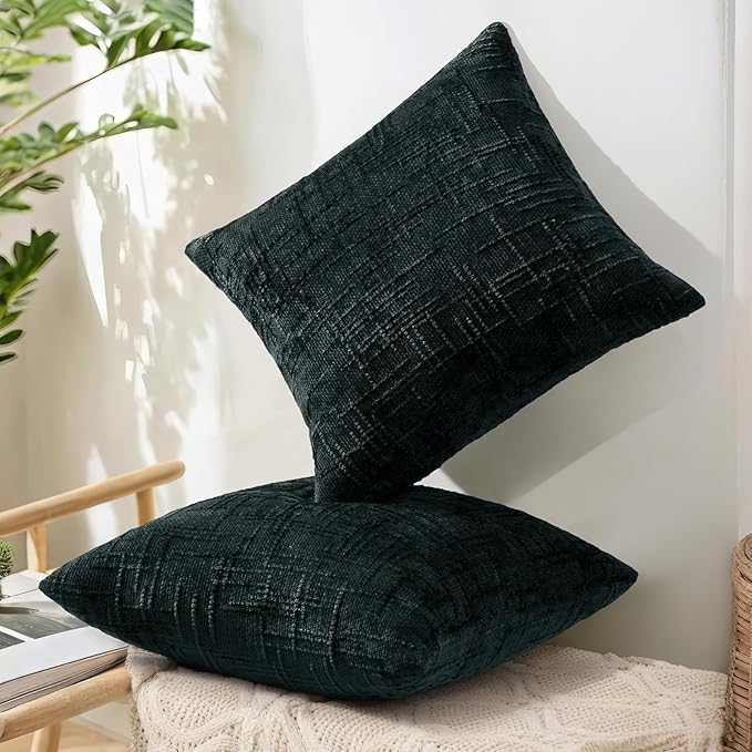 decorUhome Spring Black Chenille Euro Sham Throw Pillow Covers 22x22 Set of 2 Textured Slubby Couch Pillow Covers Farmhouse Accent Modern Neutral Decorative Pillow Cases for Bed Sofa Living Room
