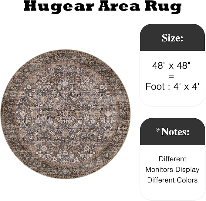 Hugear Round Rug 4ft Entryway Rugs Machine Washable Tradition Brown Hallway Area Rug 4x4 Small Circle Accent Rug Floral Low Pile Carpet Soft Throw Rug Living Room Office Laundry Room Entrance Non Slip