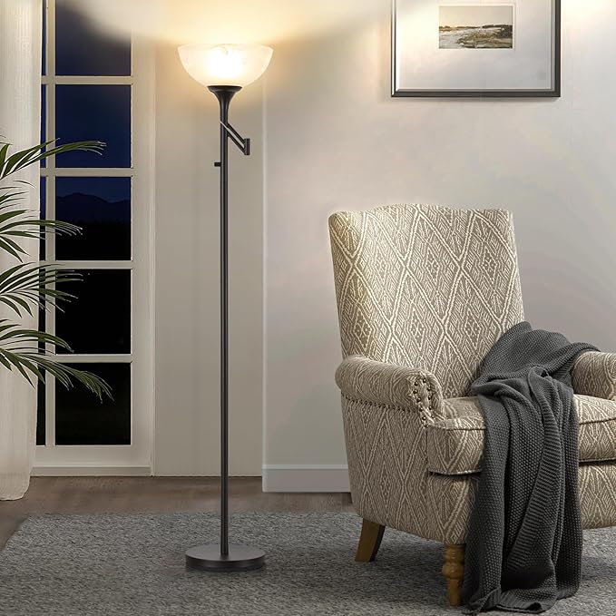 EJIAXIN Floor Lamps for Living Room Black, 70" Tall Standing Lamp with Glass Shade, Torchiere Floor Lamp with 350°Adjustable Swing Arm Lamp, Pole lamp for Bedroom, Living Room, Office, Bulbs Included