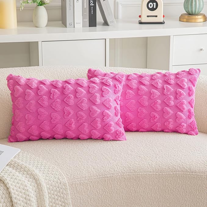 AQOTHES Set of 2 Heart Love Cute Hot Pink Decorative Valentines Throw Pillow Covers 12x20, Soft Plush Faux Fur Pillow Covers for Couch Sofa Home Valentines Day Decoration