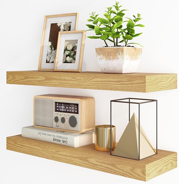 Fun Memories Floating Shelves for Wall, 24Inch Floating Shelves Set of 2, Hanging Shelf with Invisible Brackets, Wood Shelves for Living Room, Bedroom, Kitchen, Oak