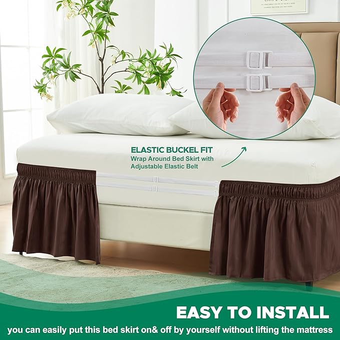 Biscaynebay Wrap Around Bed Skirts for King & Cal King Beds Short Drop of 12", Brown Adjustable Elastic Dust Ruffles Easy Fit Wrinkle Resistant Silky Luxurious Fabric Machine Washable