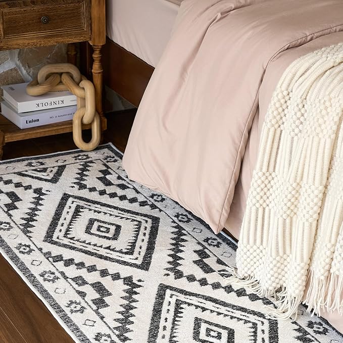 RAMEFILD Moroccan Washable Runner Rug 2x6, Geometric Woven Area Rug, Farmhouse Boho Accent Rug Runner for Hallway, Non-Slip Soft Throw Mat for Bedroom Laundry Entryway, Black and White