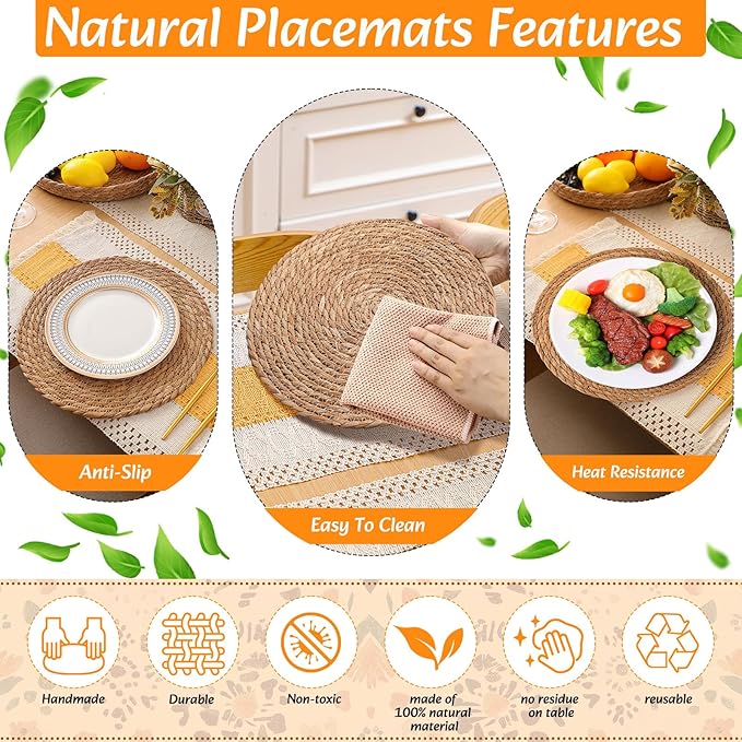 6 Sets Boho Placemats Round Woven Placemats, Cloth Napkins, Wood Bead Napkin Rings, Long Table Runner and Farmhouse Rustic Burlap Cotton for Kitchen Dining Table Home (Yellow)