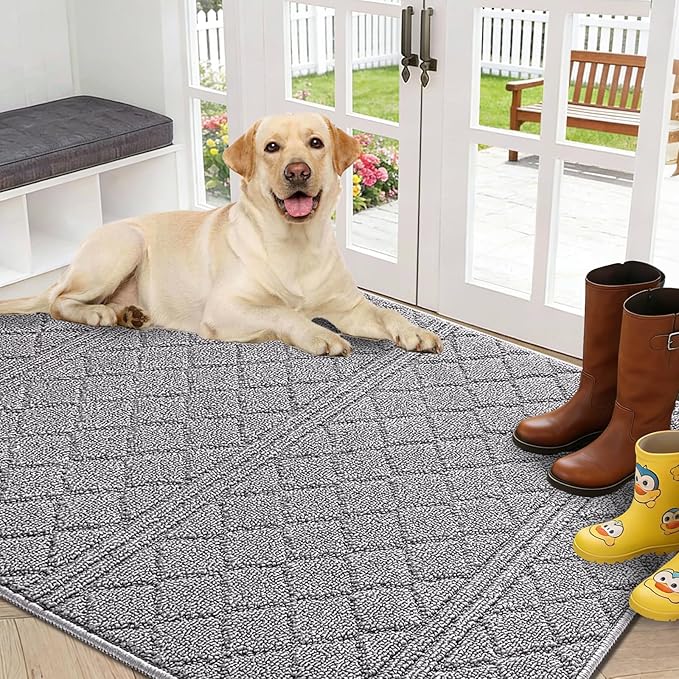 REFETONE Indoor Doormat, Front Back Door Mat 32"x48" Absorbent Rubber Backing Non Slip Door Mats, Low-Profile Resist Dirt Rugs, Machine Washable Door Rug Inside Floor Mat for Entryway, Light Grey