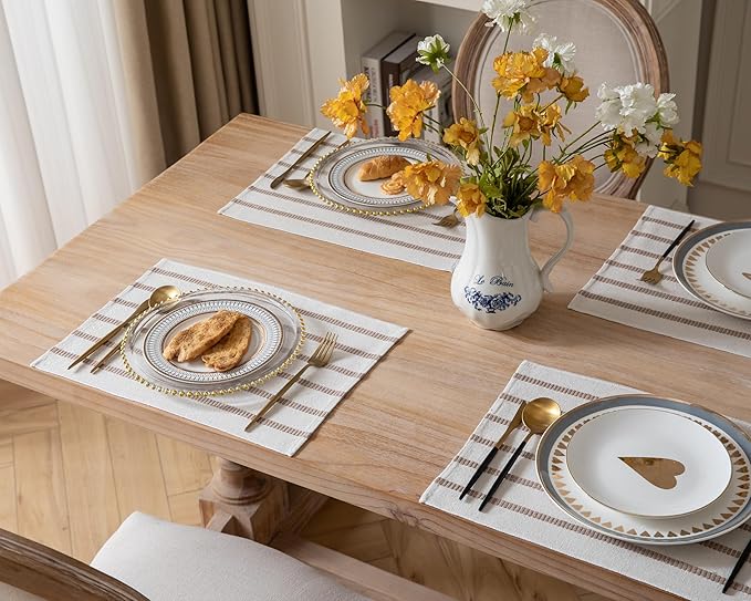Caflife Boho Farmhouse Placemats Set of 6, Taupe Stripes Cotton Linen Woven Table Mats for Modern Dining Table, 13x19 Inch Rustic Kitchen Decor Place Mats