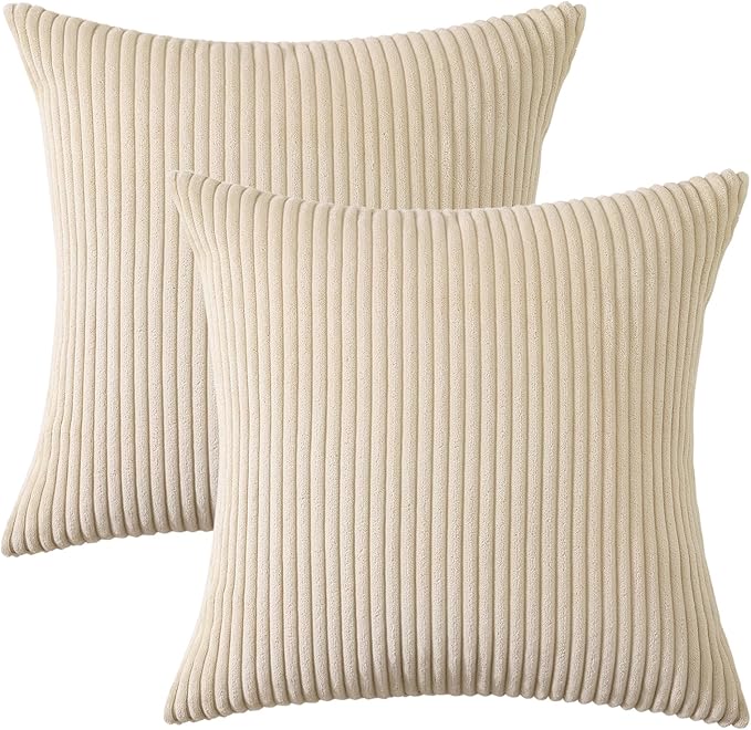 Mecatny Corduroy Decorative Throw Pillow Covers 16x16 Set of 2 for Sofa Living Room, Soft Neutral Boho Couch Pillow Covers for Home Decor, Beige
