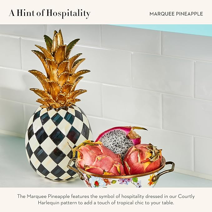 MACKENZIE-CHILDS Marquee Pineapple Sculpture, Decorative Pineapple Decor for Home, Black-and-White Courtly Harlequin