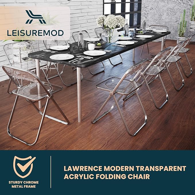 LeisureMod Lawrence Modern Clear Acrylic Folding Chair with Metal Frame, Space-Saving Transparent Seating for Dining Room, Home Office, Bedroom, Vanity or Small Spaces, (Transparent Black, Singles)