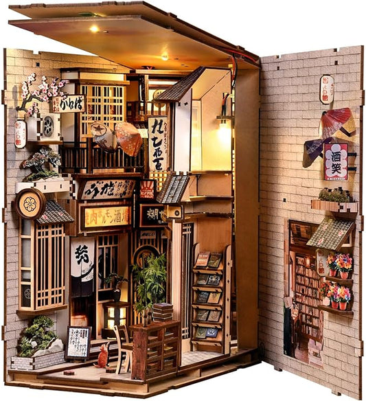 DIY Book Nook Kit - Japanese DIY Miniature House Kit for Adults,Dollhouse Kit 3D Wooden Puzzle Bookend Diorama Insert Decor,Gifts for Family Friends (The Alley Waiting for The Cat)