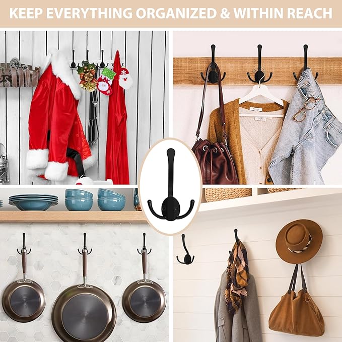 10 Pack Coat Hooks Heavy Duty, Metal Three Prongs Large Coat Hooks Wall Mounted with 20 Screws, No Rust Black Rustic Wall Hooks for Hanging Towel, Coat, Scarf, Bag, Hat, Cup, Key
