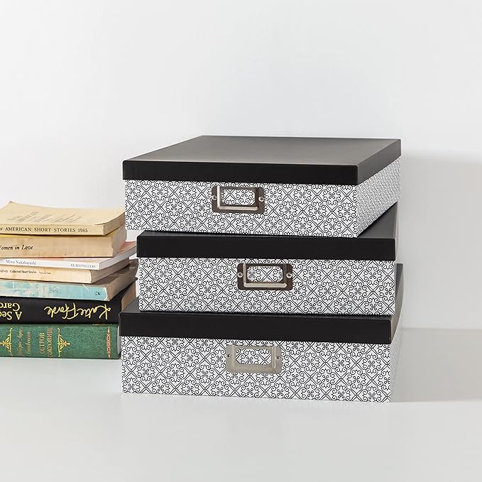 SLPR Black and White Decorative Cardboard Boxes with Lids, Set of 3 Nesting Paperboard Scrapbook Storage, Memory Boxes for Keepsakes, Photos, Letter Papers, Documents