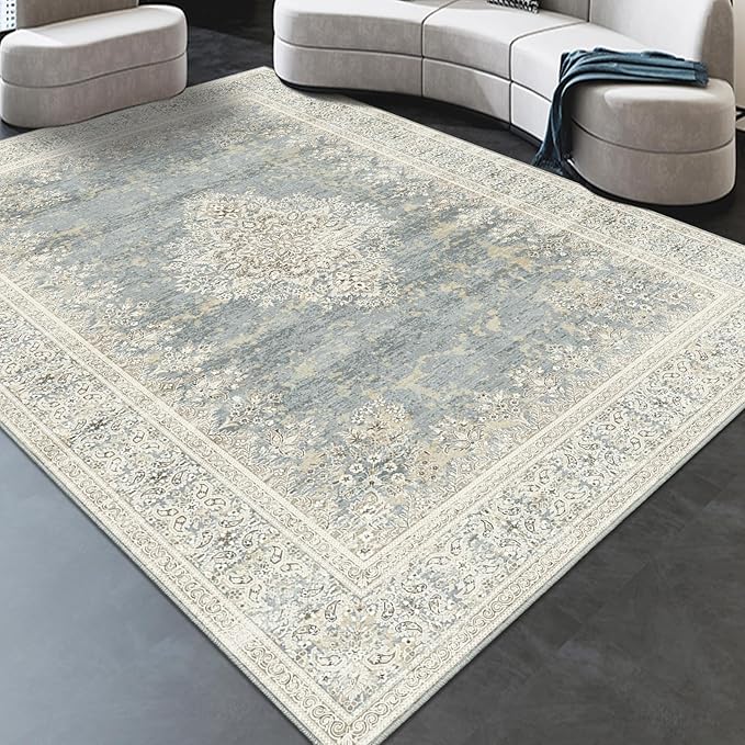 Fortsea Area Rug 7x9, Washable Gray Vintage Rug, Traditional Floor Cover Thin Rug, Retro Indoor Distressed Non Slip Carpet, Floral Print Mat Living Room Bedroom (Grey/Light Camel, 7X9)