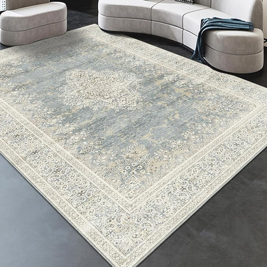 Fortsea Area Rug 7x9, Washable Gray Vintage Rug, Traditional Floor Cover Thin Rug, Retro Indoor Distressed Non Slip Carpet, Floral Print Mat Living Room Bedroom (Grey/Light Camel, 7X9)