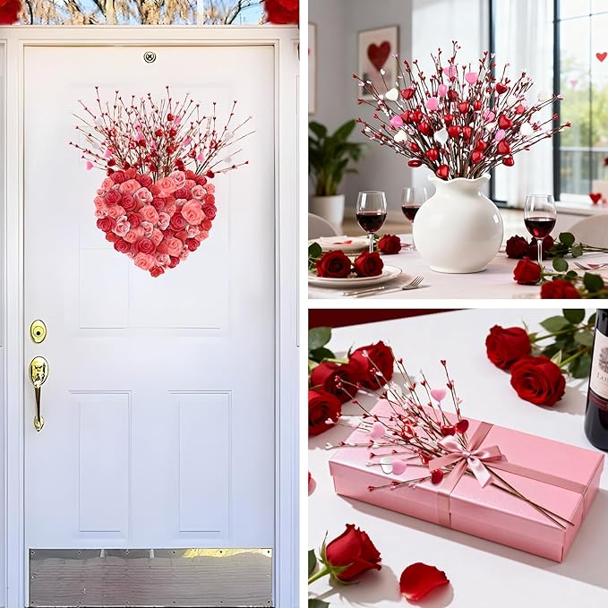 Yunfan 6Pcs Valentines Day Decorations Valentines Decor Red Pink White Heart Shaped Berry Picks Artificial Flowers for Valentines Day Gifts Wedding Home Decor 17in