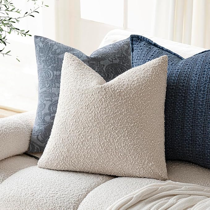 Foindtower Decorative Textured Boucle Throw Pillow Covers Accent Solid Pillow Cases Neutral Soft Cozy Couch Cushion Case for Chair Sofa Bedroom Living Room Home Decor 24 x 24 Inch,Light Beige