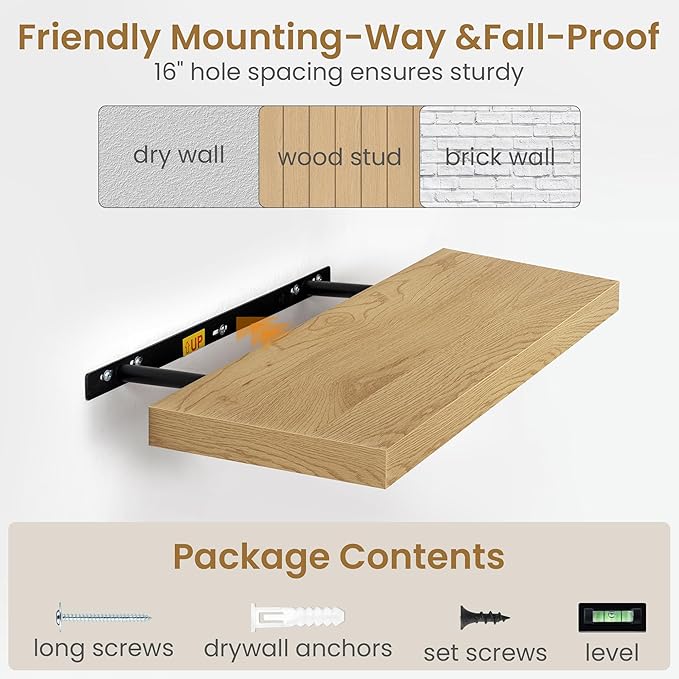 48"W x 9.3"D Floating Shelves for Wall, Wall Mounted Bathroom Shelves 1 Pack Deep Floating Shelf for Bedroom Kitchen Living Room, Rustic Wooden Wall Shelf with Invisible Bracket for Books Decor
