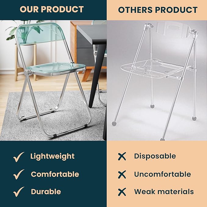 LeisureMod Lawrence Modern Clear Acrylic Folding Chair with Metal Frame, Space-Saving Transparent Seating for Dining Room, Home Office, Bedroom, Vanity or Small Spaces, (Jade Green, Singles)