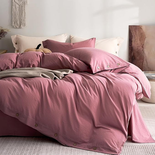JELLYMONI 100% Washed Cotton Duvet Cover King – Soft, Breathable Linen-Look Bedding with Natural Wrinkle Texture, Button Closure, 3-Piece Set (Deep Rose, 104"x90")