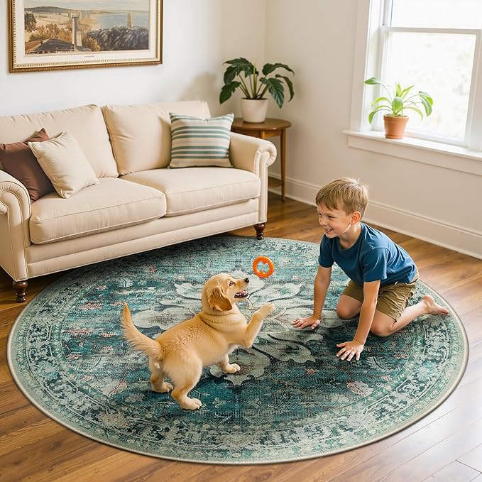 RELEANY Area Rugs 6ft Washable Non-Slip, Floral Vintage Distress Print Pattern Medallion Carpet for Living Room Bedroom Dining Room, Dark Blue Vintage