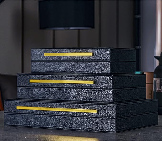 XINSTAR Faux Black Shagreen Leather Decorative Boxes,Decorative Storage Boxes With Lids 3 Pcs Set,Storage Boxes Jewelry Organizer,Women'S Accessory Organizer Men'S Jewelry Organizer