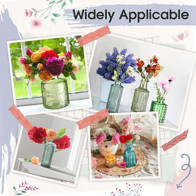 Yaomiao 30 Pcs Vases Bulk Colored Flower Glass Bud Vases Valentine Vintage Colored Glass Bottles Colorful Rustic Embossed for Home Wedding Table Decorations Gifts(Green Series)