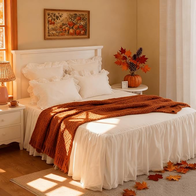 Vlocemon - Queen Size 18" Drop - White Lightweight Cotton Bed Skirt with Crochet Edge - Dust Ruffle Whth Split Corner - Soft, Elegant, Breathable Bedding Accessory