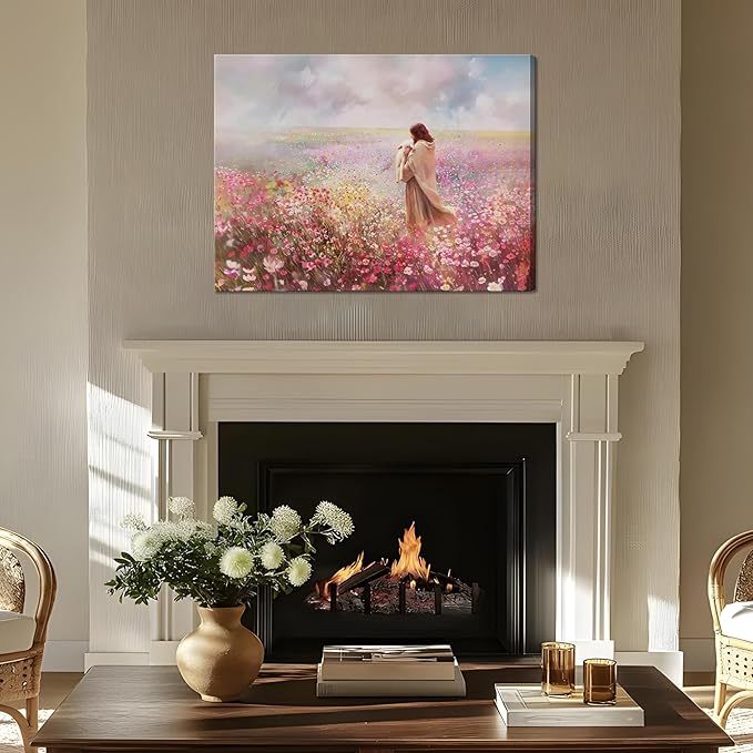 Jesus Embraces Lamb Canvas Wall Art, Pink The Lost Lamb Christian Wall Decor Paintings, Jesus Leaves the 99 Sheep Bible Stories Posters Prints for Church Living Room Bedroom 16x24 Inch Framed
