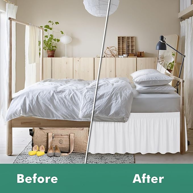 Biscaynebay Wrap Around Bed Skirts with Split Corners for Queen Beds 17" Drop, White Elastic Dust Ruffles Adjustable Easy Fit Wrinkle & Fade Resistant Silky Luxurious Fabric Machine Washable