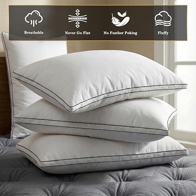Homotive Feather Pillows Queen Size Set of 2 Goose Down Pillows with 100% Breathable Cotton Cover, Hotel Collection Bed Pillows for Sleeping, Soft Support for Back, Stomach and Side Sleepers