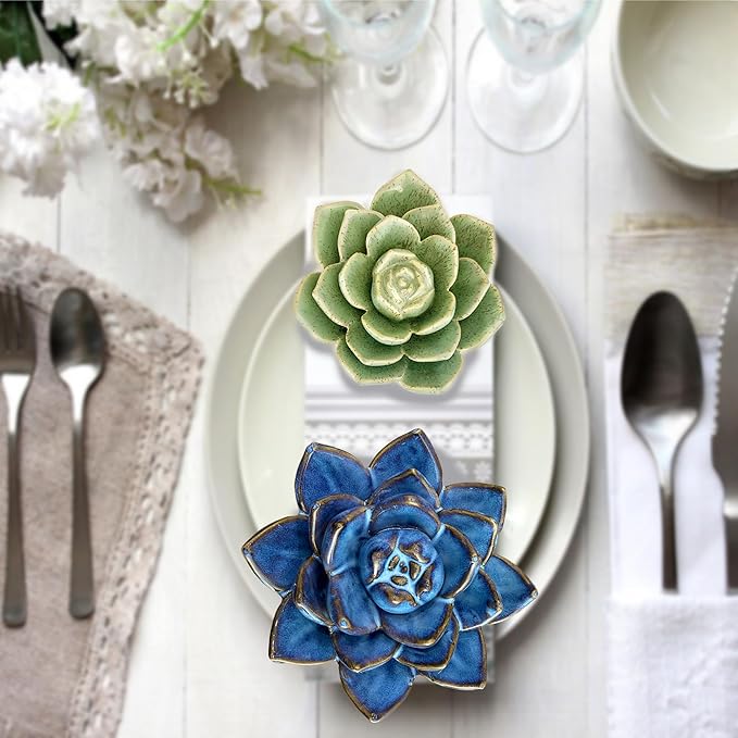 Ceramic Succulent Flowers Table Top with Stable Base, 3D Handmade Tablescape Decorative (Blue)