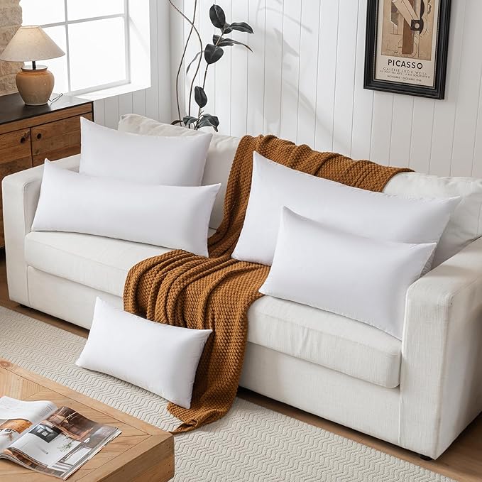 basic home 12x20 Decorative Throw Pillow Inserts-Down Feather Pillow Inserts-Oblong-Cotton Fabric-Set of 2-White.