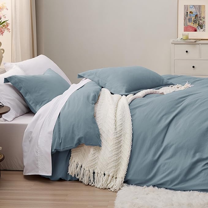 Bedsure Grayish Blue Duvet Covers Queen Size - Prewashed Cotton-Like Duvet Cover, Soft Queen Duvet Cover Set 3 Pieces with Zipper Closure, 1 Duvet Cover 90x90 inches and 2 Pillow Shams