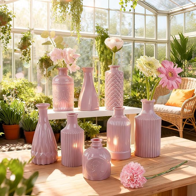 Valentine's Day Blush Pink Glass Bud Vase Set of 12 – Mini Vintage Vases for Flowers, Centerpieces, Wedding & Home Décor
