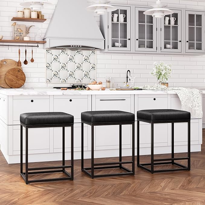 ALPHA HOME Black Metal Bar Stools with Padded Seat, 24"H x 14.76"L x 17.51"W, 350lbs Weight Capacity