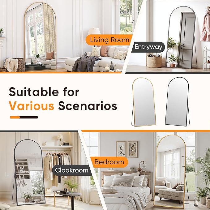 Suidia Full Length Mirror, 58"x21" Floor Standing Mirror Freestanding, Full Body Mirrors with Stand for Bedroom, Hanging Mounted for Living Room Cloakroom, Gold, Arched Style
