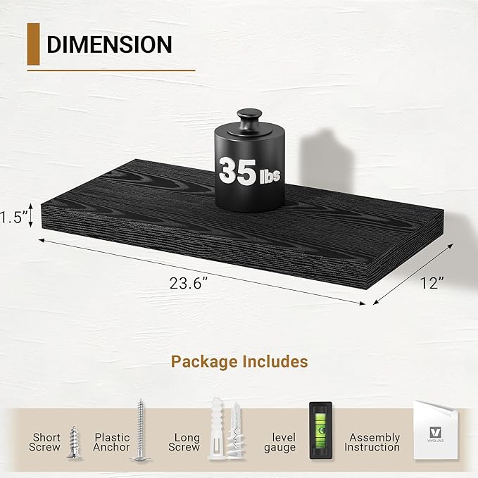 Vivelove Black Floating Shelves 23.6 Inches Wide, 12" Deep Wall Shelves for Bedroom, Bathroom, Living Room, Kitchen, Office, Rustic Home Decor Shelf with Invisible Brackets, 23.6X12X 1.5, Set of 2