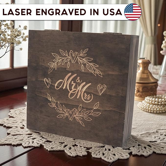 Mr and Mrs Wedding Memory Box- Wooden Keepsake Box with Lid for Couples, Rustic Storage Box for Cards, Photos & Mementos, Valentine’s Day, Wedding Anniversary & Engagement Gift- 8.5 x 8 x 2.4 Inches