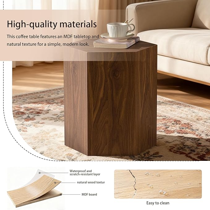 Modern Hexagonal Side Table, Walnut Wood MDF Coffee Table with Natural Texture, Non-Slip Surface, 15.7x13.8x18.9 Inches (Walnut)